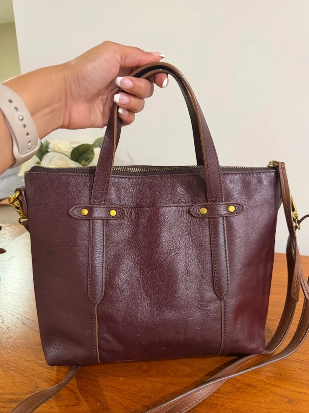 Fossil Felicity Bordeaux Leather Satchel Tote Bag Purse